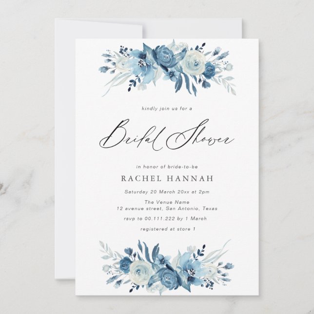 Elegant blue floral script bridal shower invitation (Front)