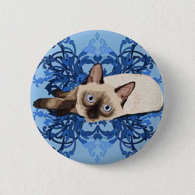 Elegant Blue Floral Siamese Cat Pretty Feline Button (Front)