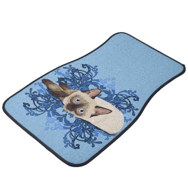 Elegant Blue Floral Siamese Cat Pretty Feline Car Floor Mat (Angled)
