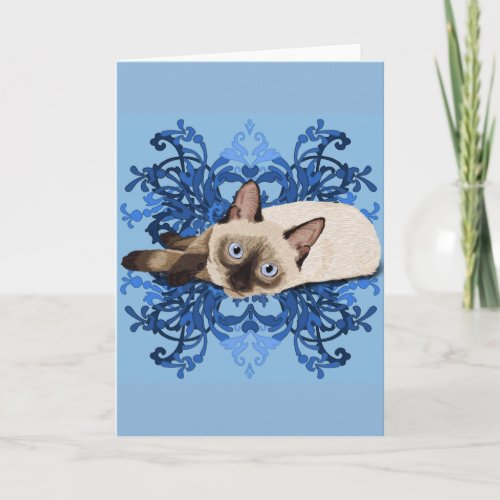 Elegant Blue Floral Siamese Cat Pretty Feline Card