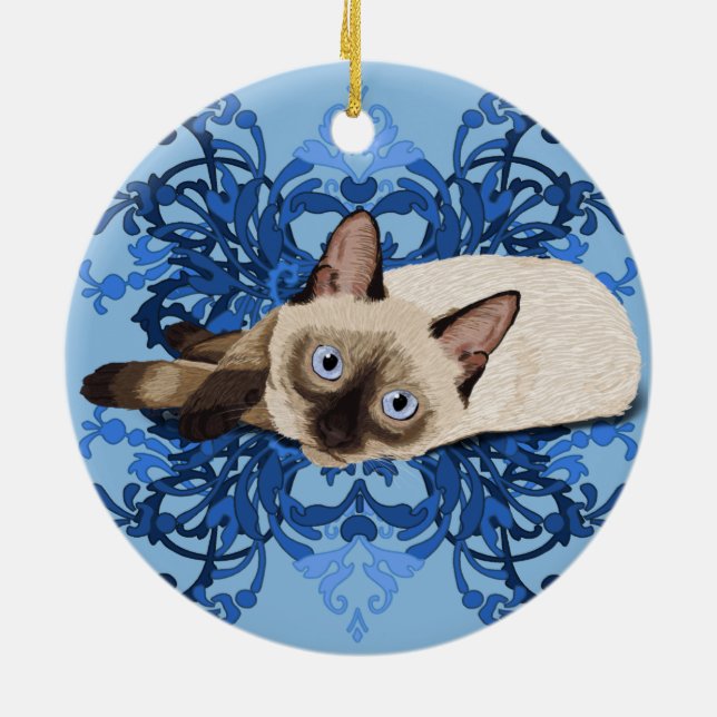 Elegant Blue Floral Siamese Cat Pretty Feline Ceramic Ornament (Back)
