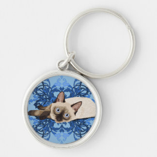 Elegant Blue Floral Siamese Cat Pretty Feline Keychain