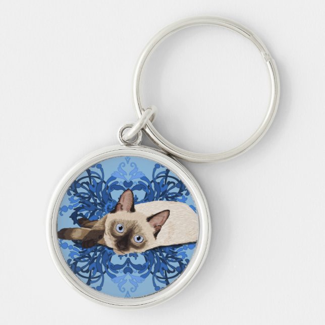 Elegant Blue Floral Siamese Cat Pretty Feline Keychain (Front)