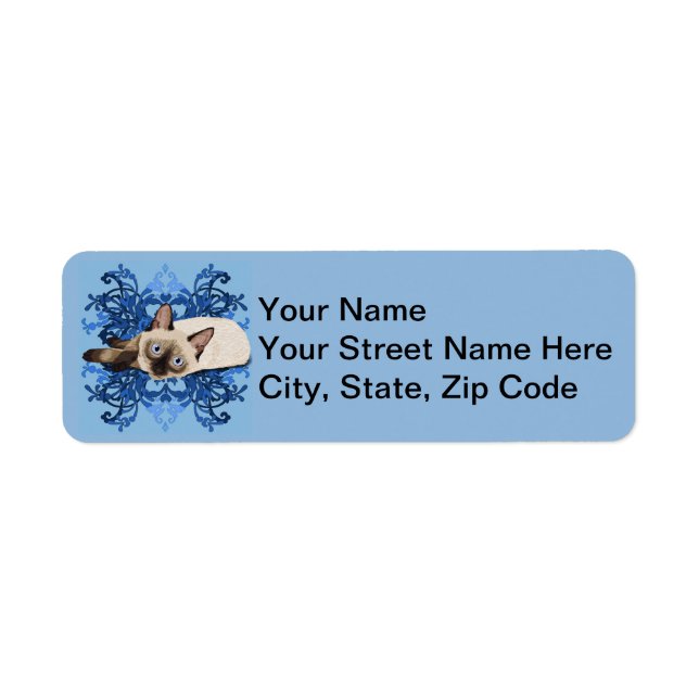 Elegant Blue Floral Siamese Cat Pretty Feline Label (Front)