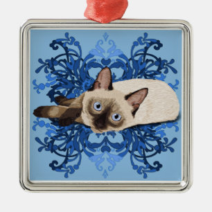 Elegant Blue Floral Siamese Cat Pretty Feline Metal Ornament