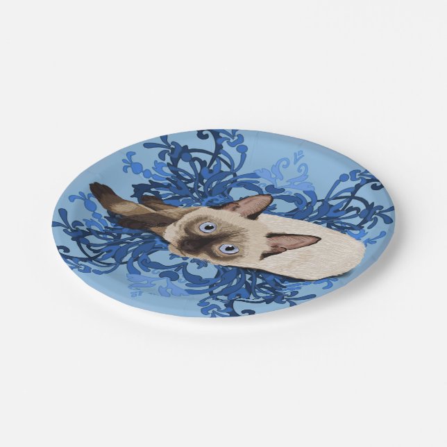 Elegant Blue Floral Siamese Cat Pretty Feline Paper Plates (Angled)