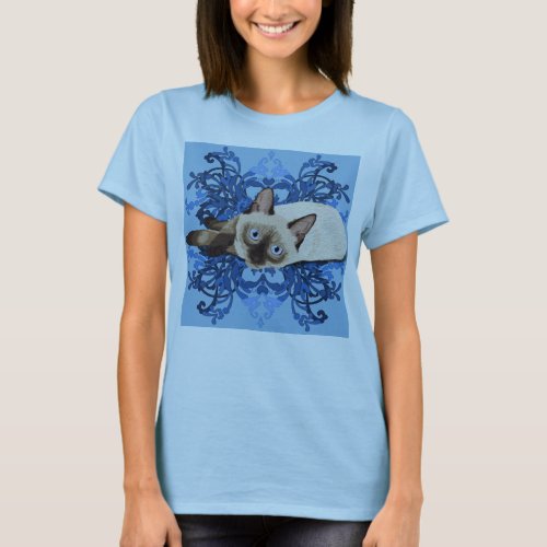 Elegant Blue Floral Siamese Cat Pretty Feline T_Shirt