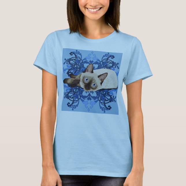Elegant Blue Floral Siamese Cat Pretty Feline T-Shirt (Front)