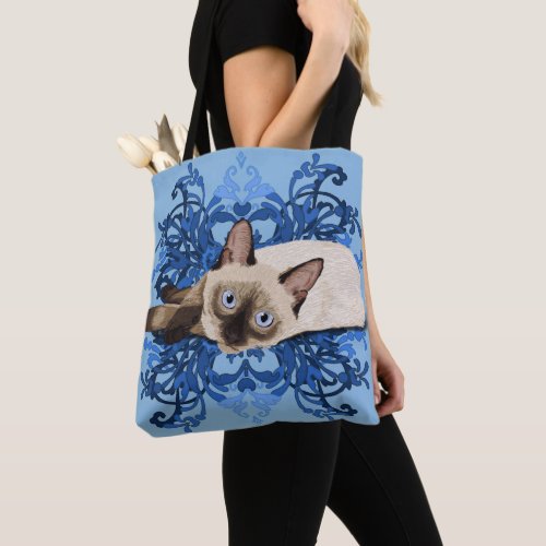 Elegant Blue Floral Siamese Cat Pretty Feline Tote Bag