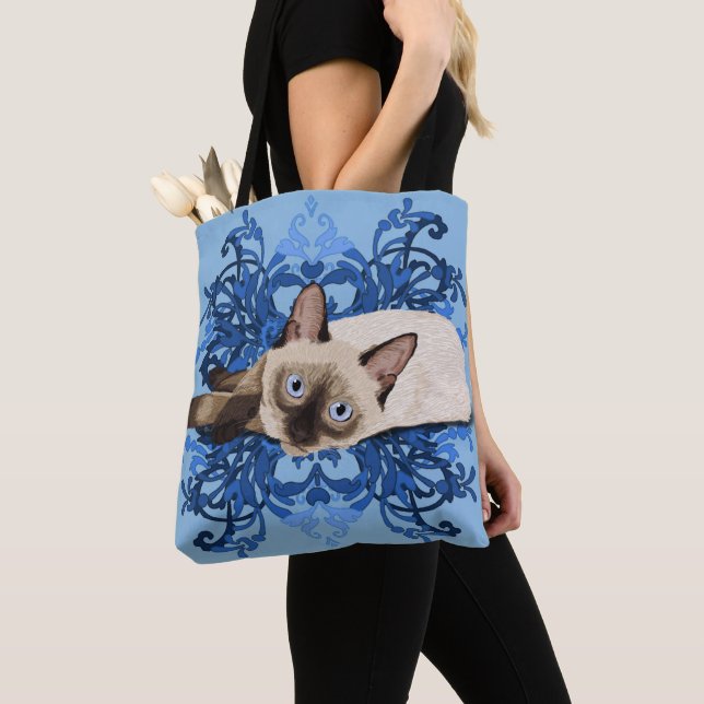 Elegant Blue Floral Siamese Cat Pretty Feline Tote Bag (Close Up)