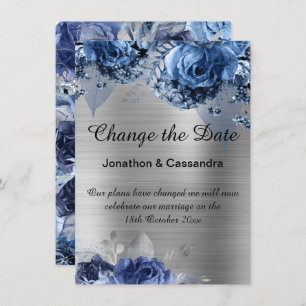 ELEGANT BLUE FLORAL SILVER BORDER CHANGE THE DATE