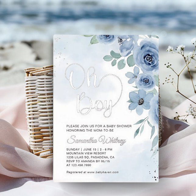Elegant Blue Floral Silver Boy Baby Shower Foil Invitation (Creator Uploaded)