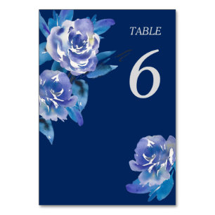 Elegant Blue Floral Silver Wedding Table Number