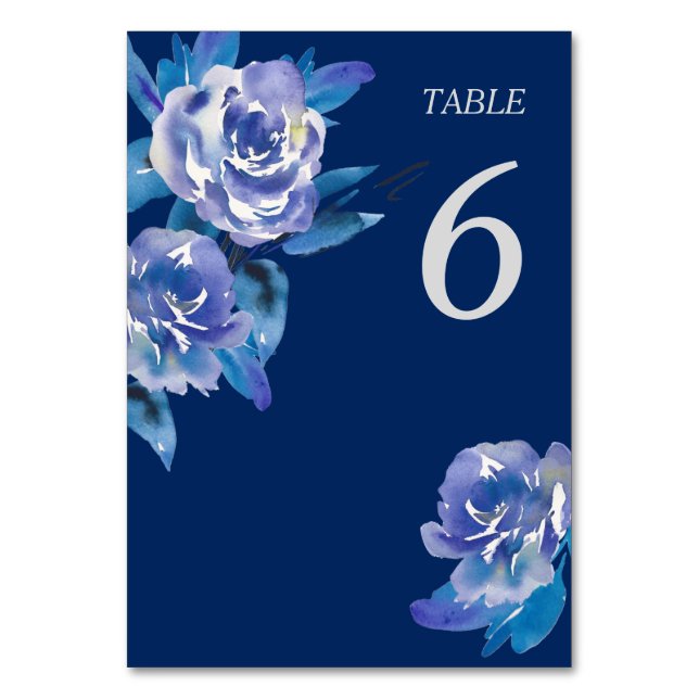 Elegant Blue Floral Silver Wedding Table Table Number (Front)