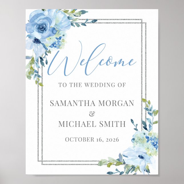 Elegant blue floral silver wedding welcome sign (Front)