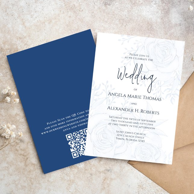 Elegant Blue Floral Simple Classic Blue | QR Code  Invitation (Wedding invitation with elegant floral design with a modern QR code.)