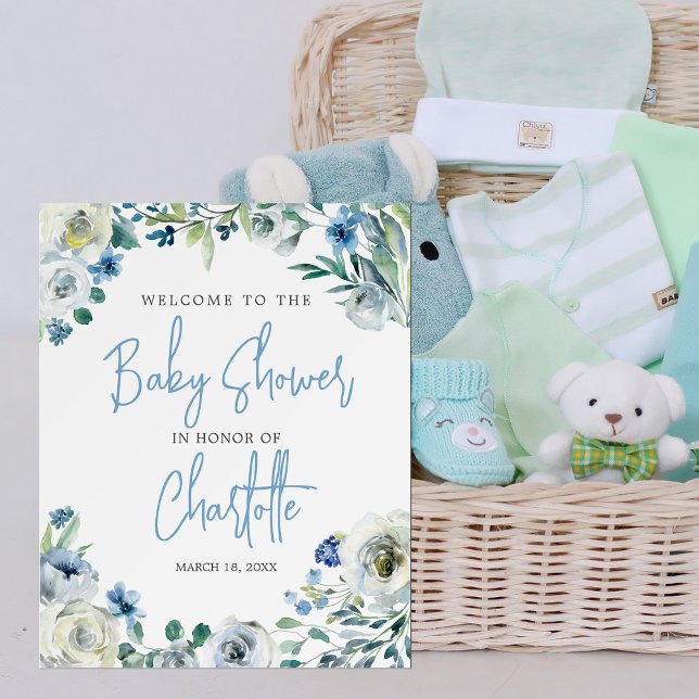Elegant Blue Floral Spring Baby Shower Welcome Foam Board (Creator Uploaded)