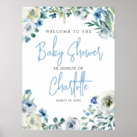 Elegant Blue Floral Spring Baby Shower Welcome Poster