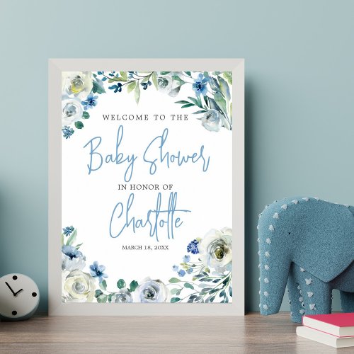 Elegant Blue Floral Spring Baby Shower Welcome Poster