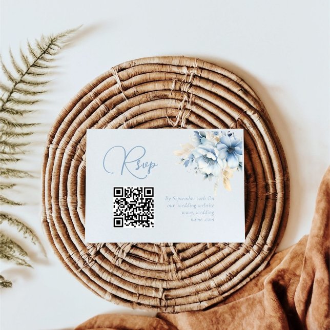 Elegant   Blue Floral Spring Bloom Wedding Qr Code RSVP Card (Creator Uploaded)