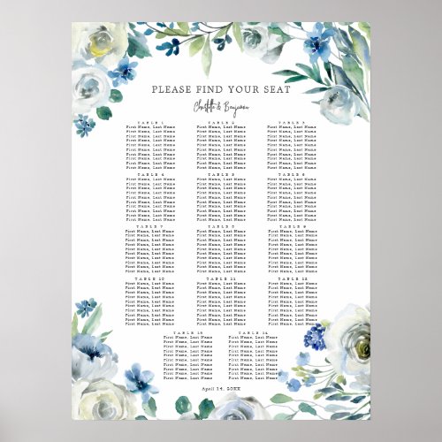Elegant Blue Floral Spring Wedding Seating Chart
