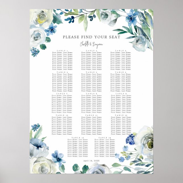Elegant Blue Floral Spring Wedding Seating Chart (Front)