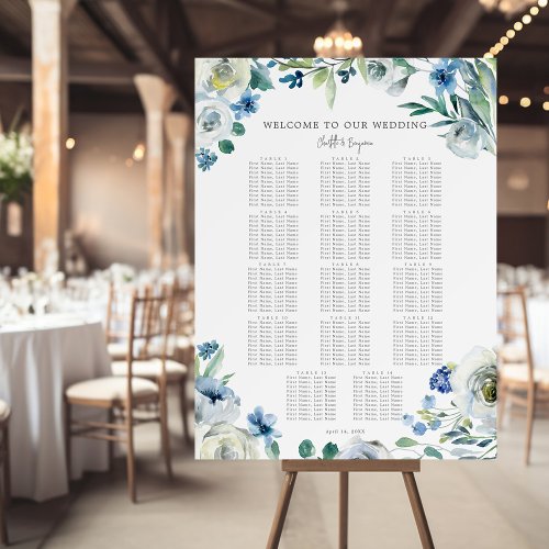 Elegant Blue Floral Spring Wedding Seating Chart Foam Board