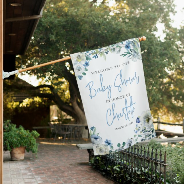 Elegant Blue Floral Spring Welcome Baby Shower House Flag (In SItu)