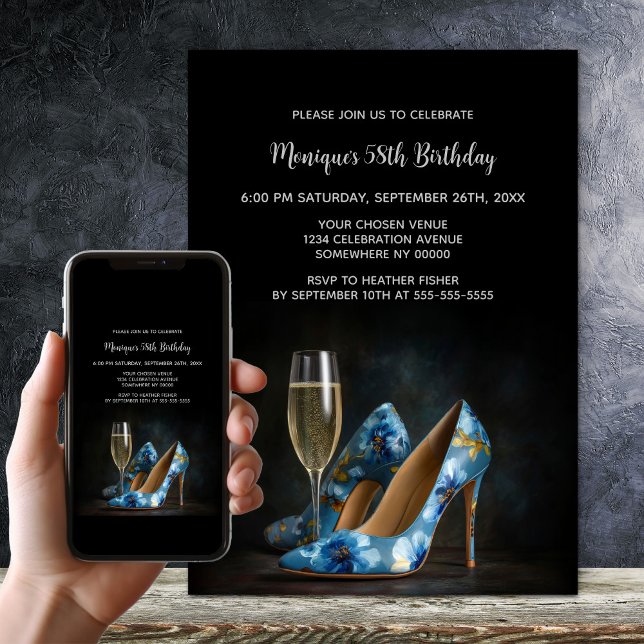 Elegant Blue Floral Stiletto Shoes Birthday Party Invitation (Creator Uploaded)
