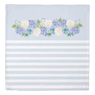 Elegant Blue Floral Stripe Duvet Cover
