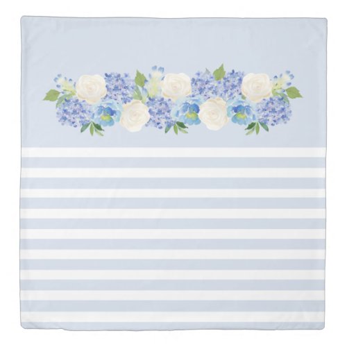 Elegant Blue Floral Stripe Duvet Cover
