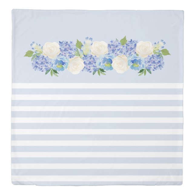 Elegant Blue Floral Stripe Duvet Cover (Front)