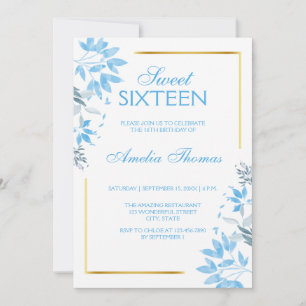 Elegant Blue Floral Sweet 16 Birthday Invitation 