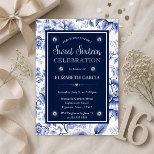 Elegant Blue Floral Sweet Sixteen Invitation