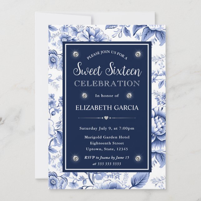 Elegant Blue Floral Sweet Sixteen Invitation (Front)