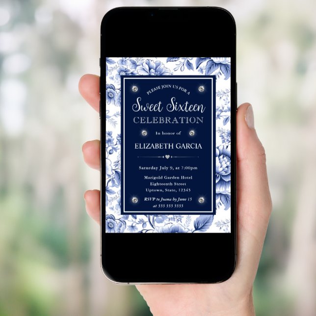 Elegant Blue Floral Sweet Sixteen Invitation (Front Digital)