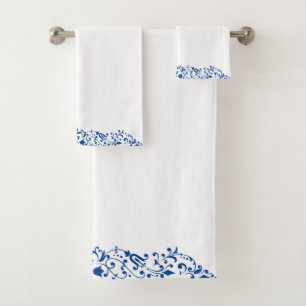 Elegant Blue Floral Swirl Birder Bath Towel Set