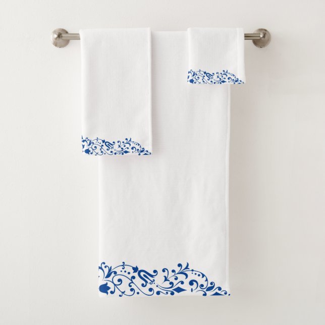 Elegant Blue Floral Swirl Birder Bath Towel Set (Insitu)