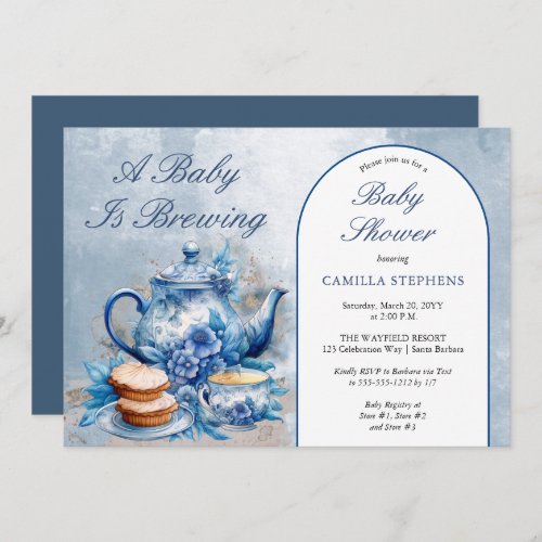 Elegant Blue Floral Tea Set Baby Shower Tea  Invitation