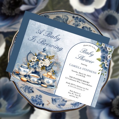 Elegant Blue Floral Tea Set Baby Shower Tea  Invitation
