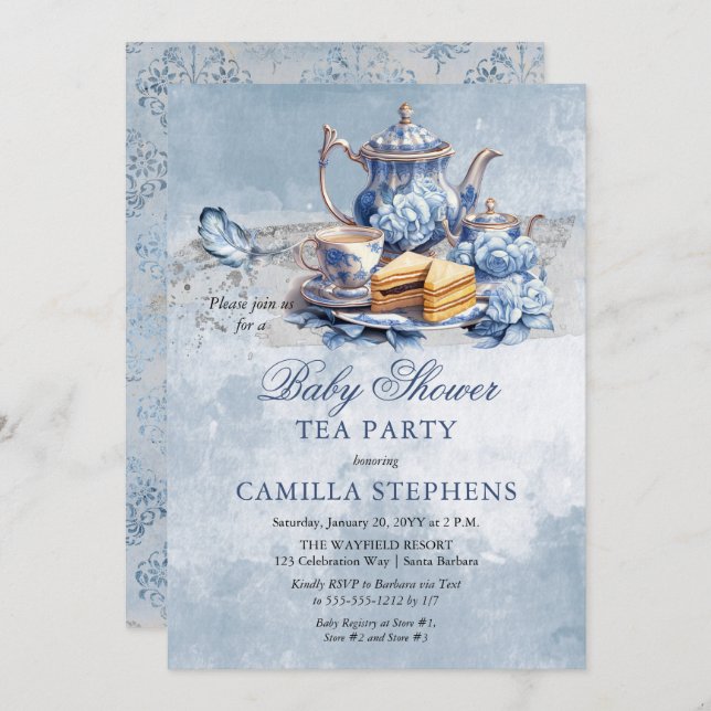 Elegant Blue Floral Tea Set Baby Shower Tea Invitation (Front/Back)