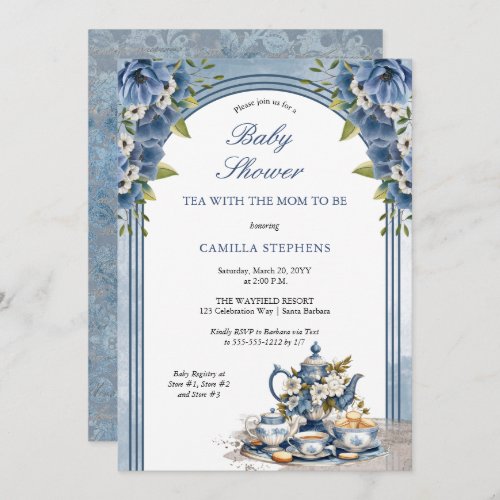 Elegant Blue Floral Tea Set Baby Tea Shower Invitation