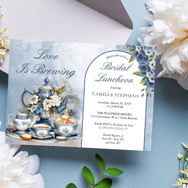 Elegant Blue Floral Tea Set Bridal Luncheon Tea  Invitation (Elegant Blue Floral Teacup Bridal Shower Tea Landscape Invitation)