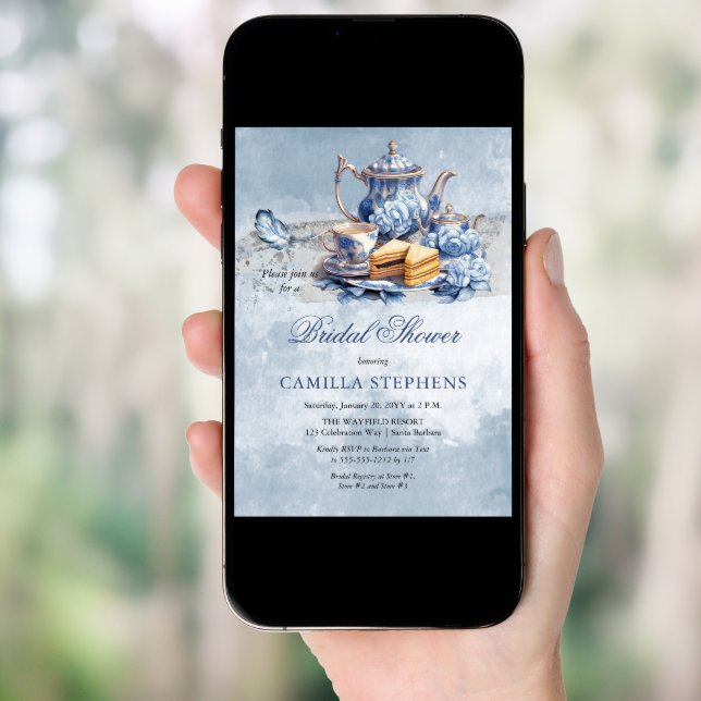 Elegant Blue Floral Tea Set Bridal Shower Tea Invitation (Front Digital)