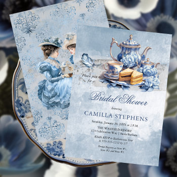 Elegant Blue Floral Tea Set Bridal Shower Tea Invitation by holidayhearts at Zazzle