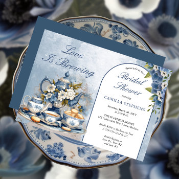 Elegant Blue Floral Tea Set Bridal Shower Tea  Invitation by holidayhearts at Zazzle