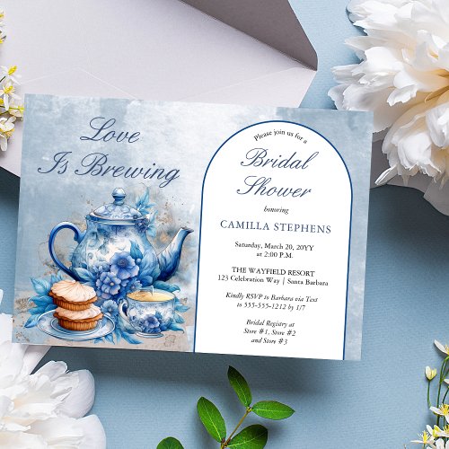 Elegant Blue Floral Tea Set Bridal Shower Tea  Invitation