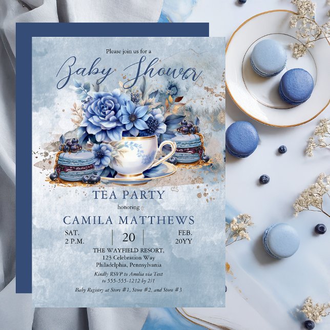 Elegant Blue Floral Teacup | Macarons Baby Shower Invitation (Blue Elegant Floral Teacup and Macarons Baby Shower Tea Party Invitation - Print | Digital Download)