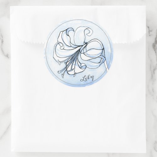 Elegant Blue Floral Template with Name  Lily Art Classic Round Sticker