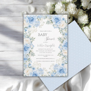 Elegant Blue Floral Vintage Baby Shower Invitation